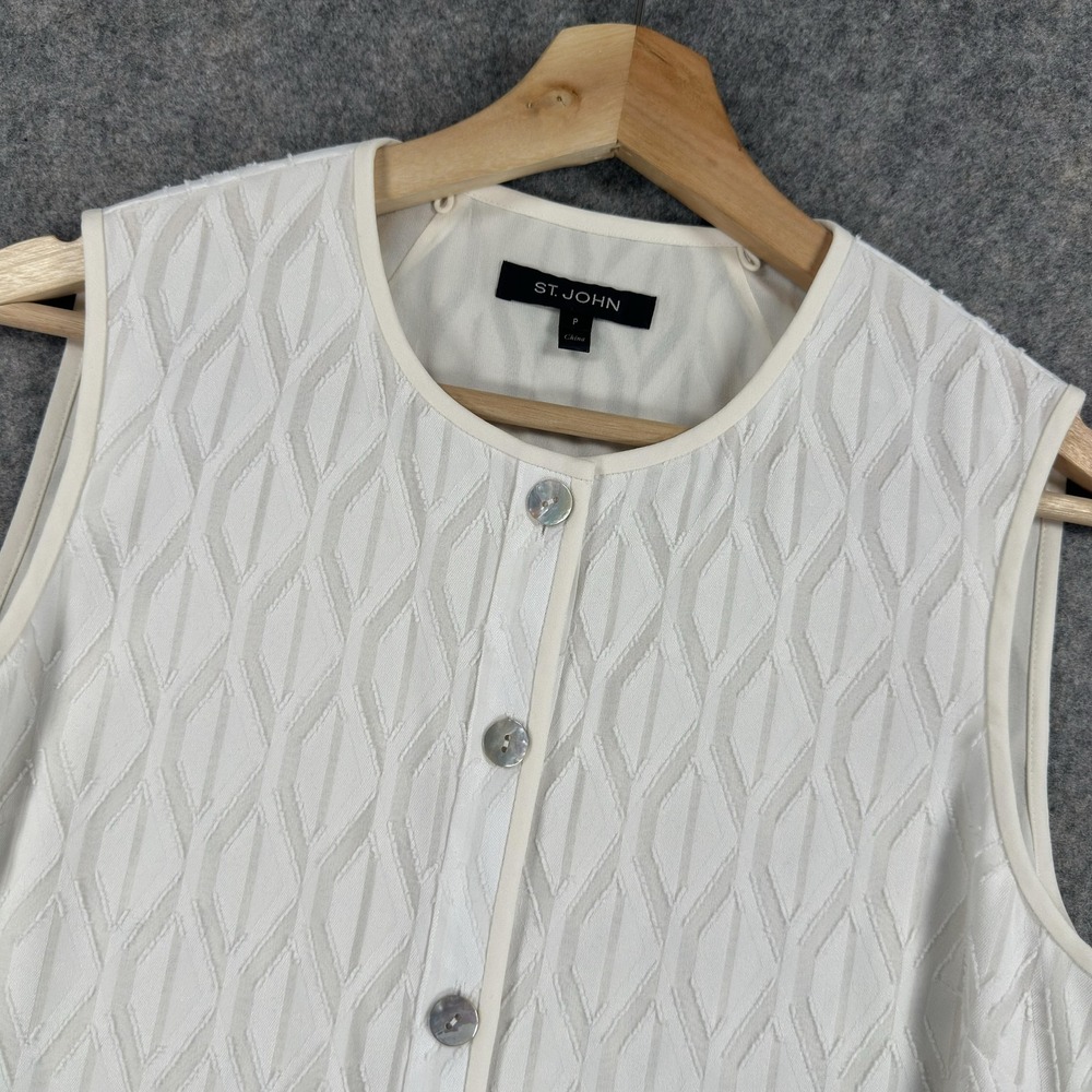 St. John Tunic Top Womens Petite P White Geometric Button Front Sleeveless